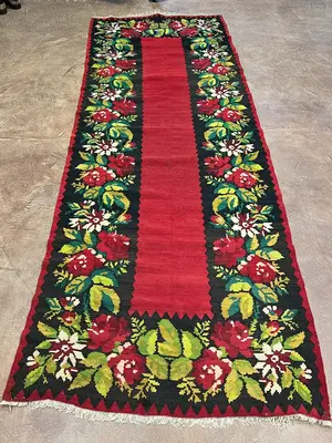 Vintage Red Romania Besarabian Kelim Runner