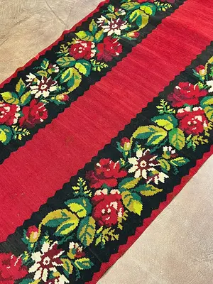 Vintage Red Romania Besarabian Kelim Runner