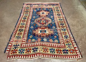 Antique Blue Caucasian Kazak Remnant 5' X 7'