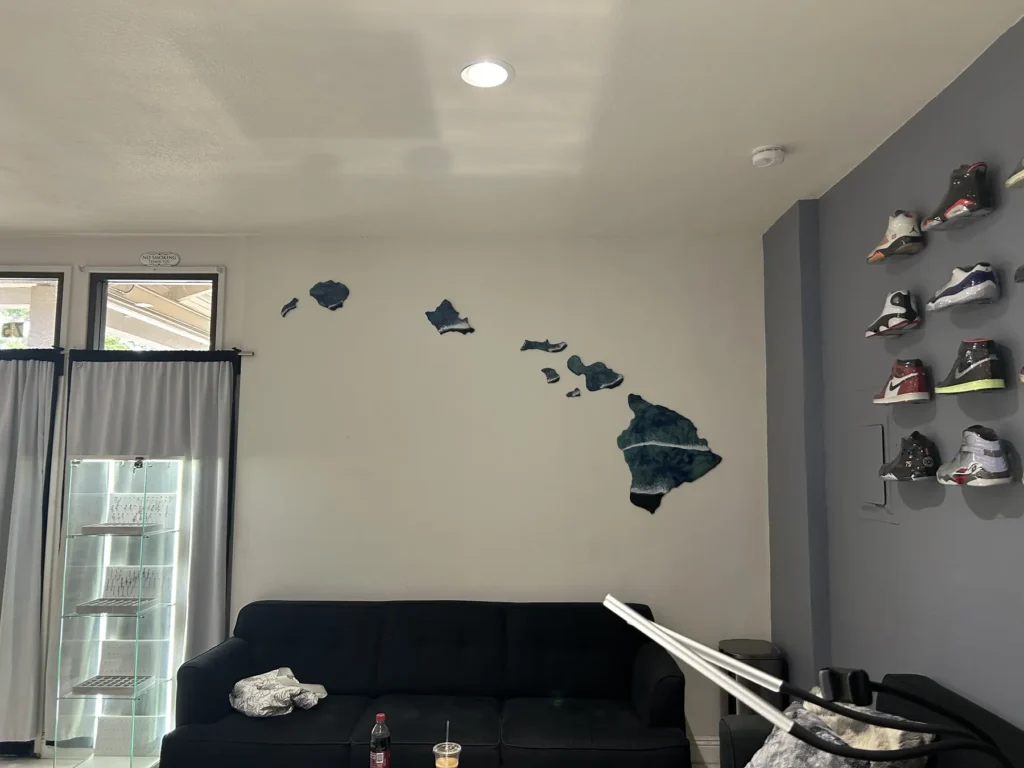 Hawaiian islands resin wall art in a living room