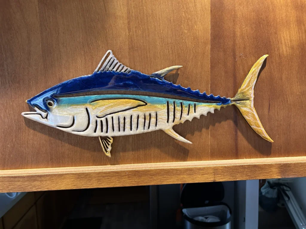 CNC-carved ahi tuna wall piece