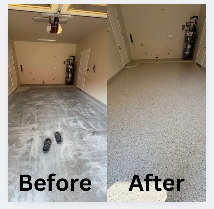 Garage floor before and after a flake coating