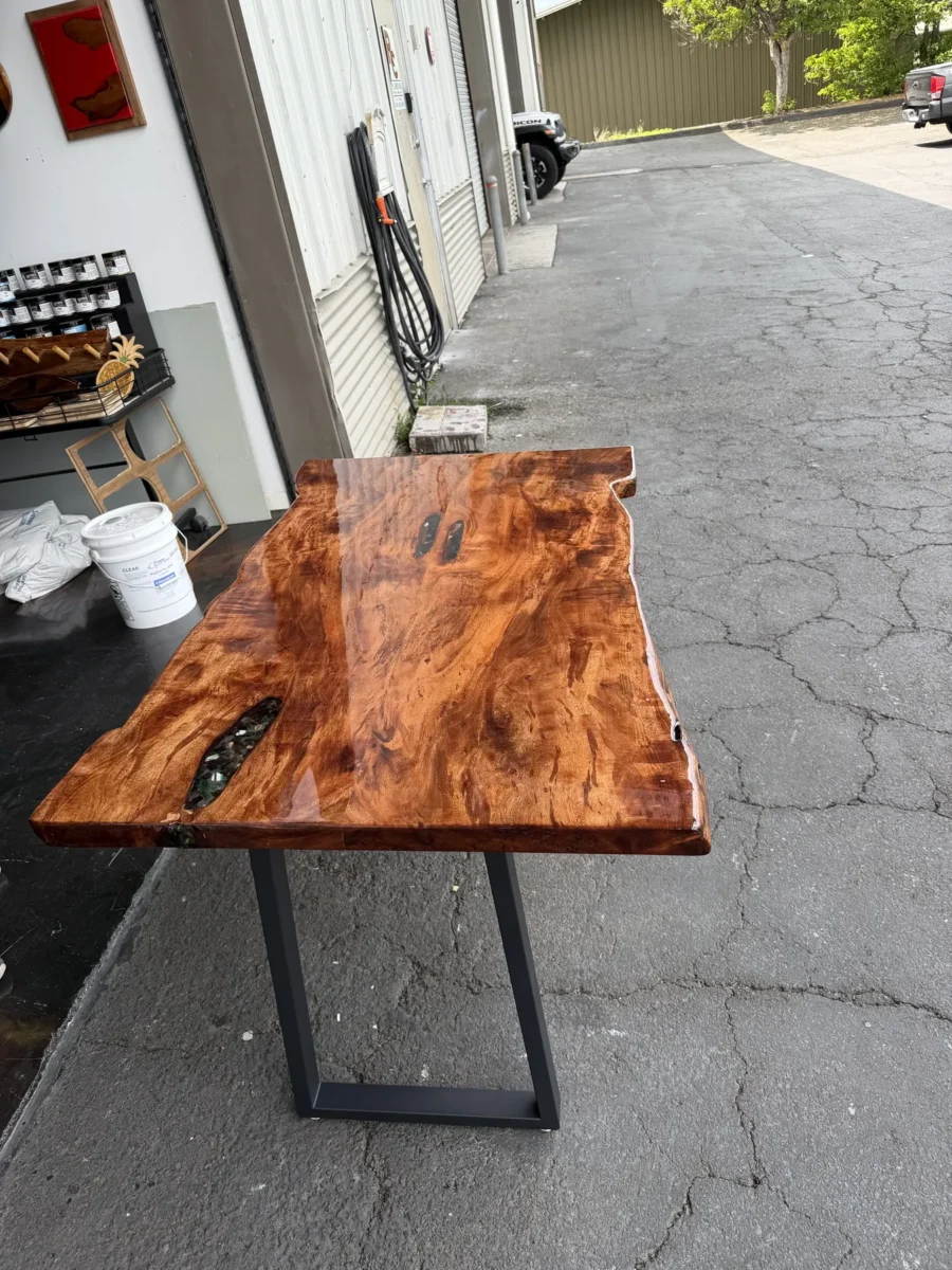 Live-edge table outside the shop